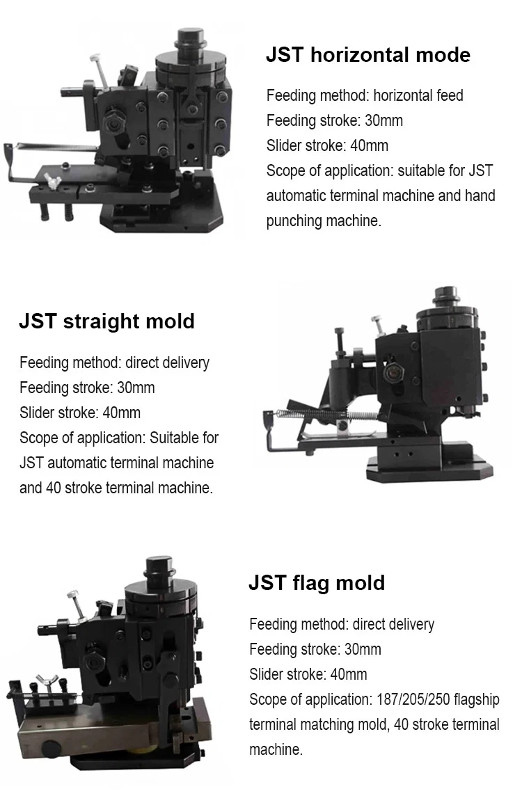 Moule horizontal JST, Moule droit JST, Sertisseuse de terminal pour moule européen, Machine de sertissage de terminal pour applicateur européen, Machine de sertissage de terminal JST